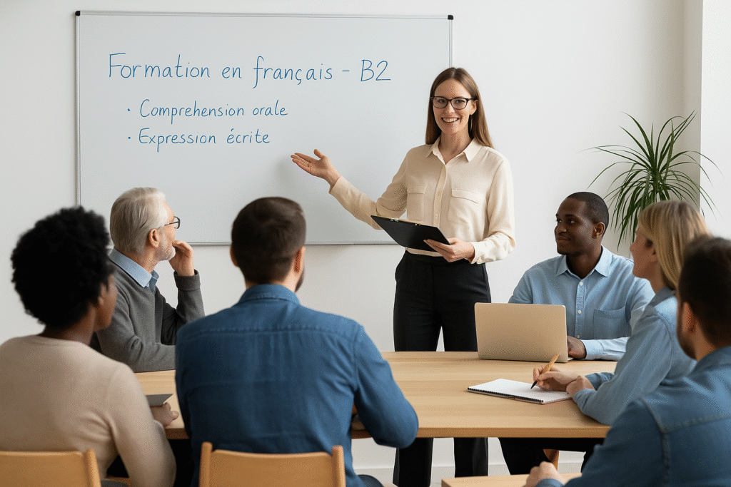 formation français niveau B2, cours en ligne interactifs, expression orale avancée, compréhension écrite approfondie, préparation DELF B2, vocabulaire professionnel, grammaire complexe, immersion linguistique, tutorat individuel, exercices interactifs, progression rapide, ressources multimédias, atelier conversation, soutien pédagogique, modules didactiques, suivi personnalisé, évaluation continue, pratique autonome, nos formations