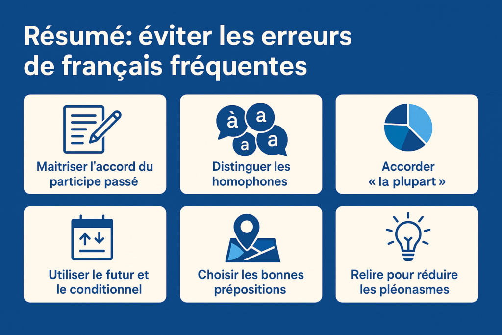 Liste des fautes de français courantes à éviter pour améliorer son niveau en grammaire et orthographe.